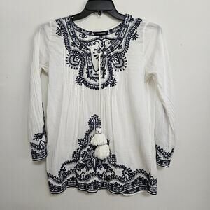 Max Edition Boho Peasant Style Blouse S Ivory Blue Embroidery Lg Beaded Pom Tie